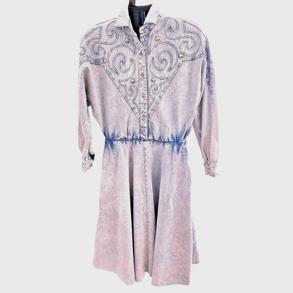 Vintage Circle T by Marilyn Lenox Acid Wash Denim Western Dress Women's M 80s